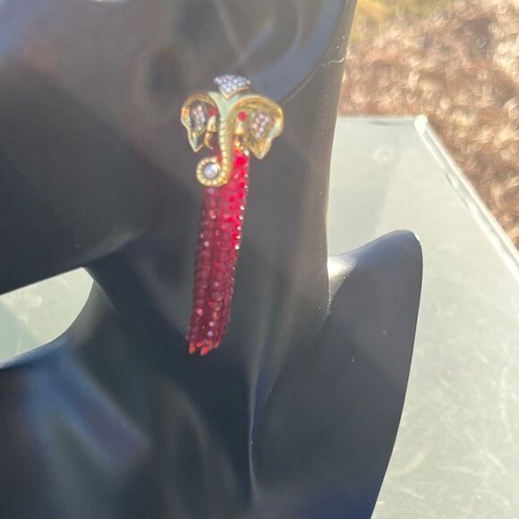 Gold Elephant Head Earrings with Red Bead Tassels - Picture 9 of 15